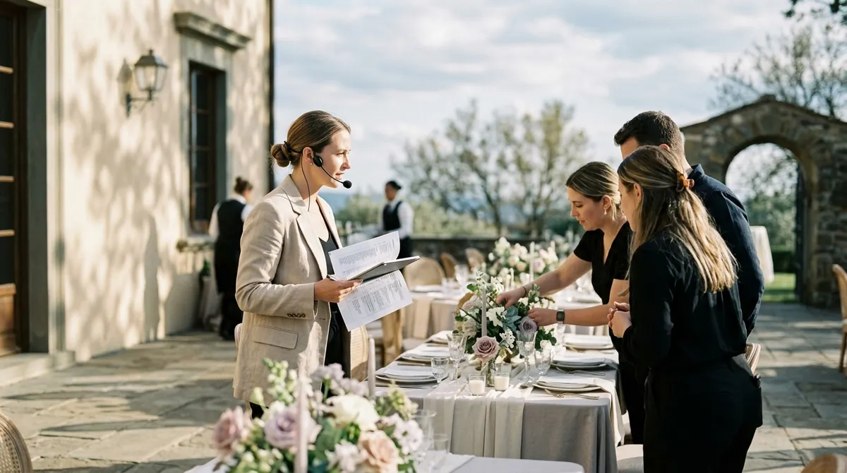 Wedding planner coordonnant des prestataires avant la cérémonie