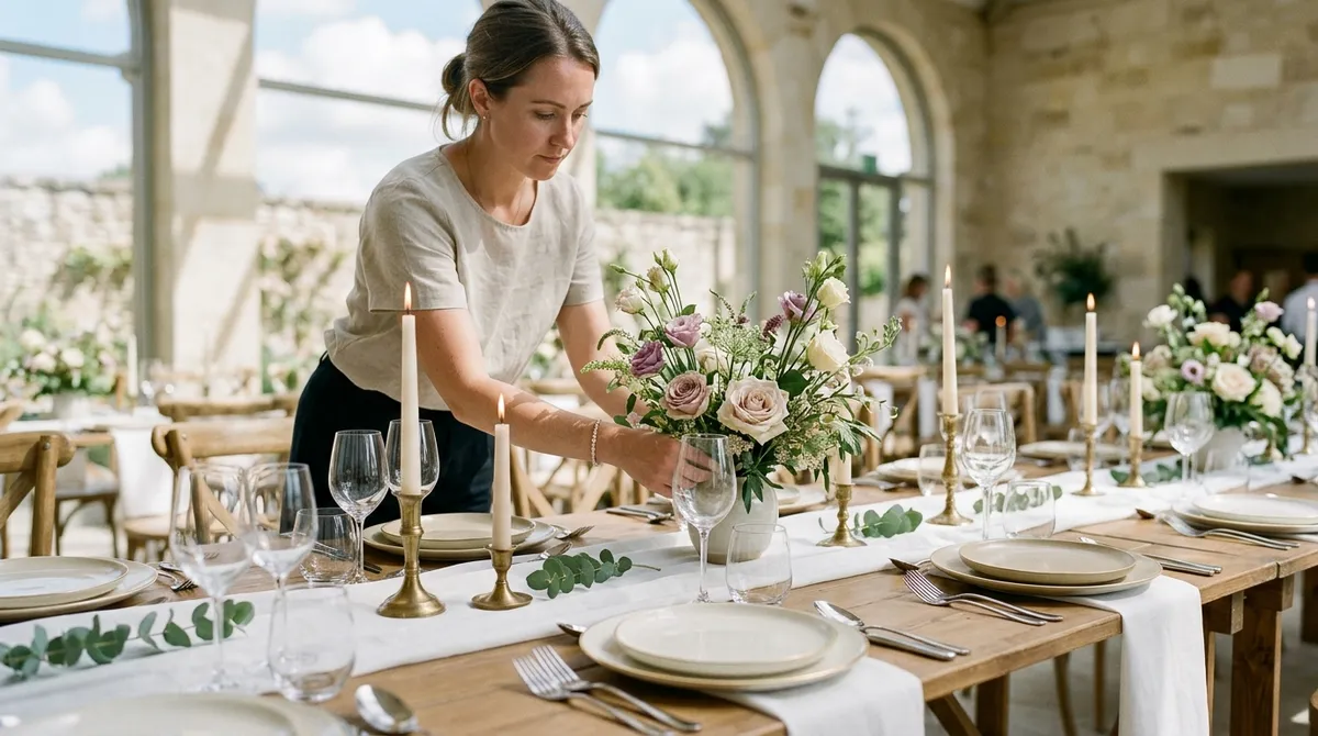 Décoratrice événementielle installant une décoration de mariage