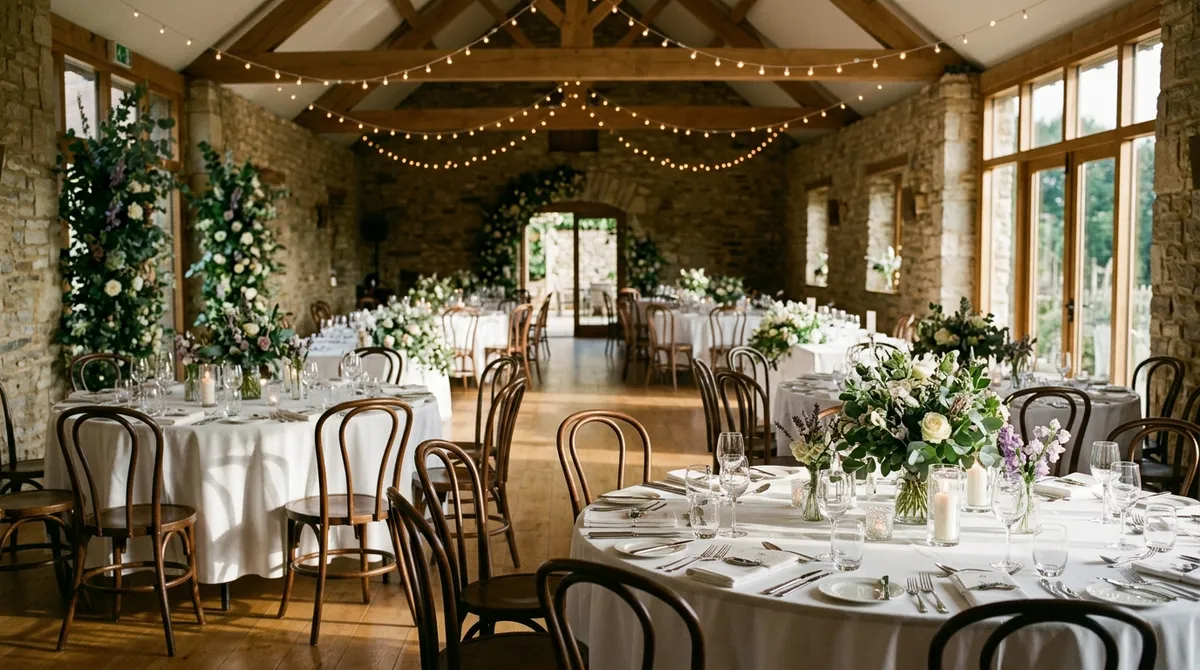 Salle de réception de mariage dressée avant l’arrivée des invités
